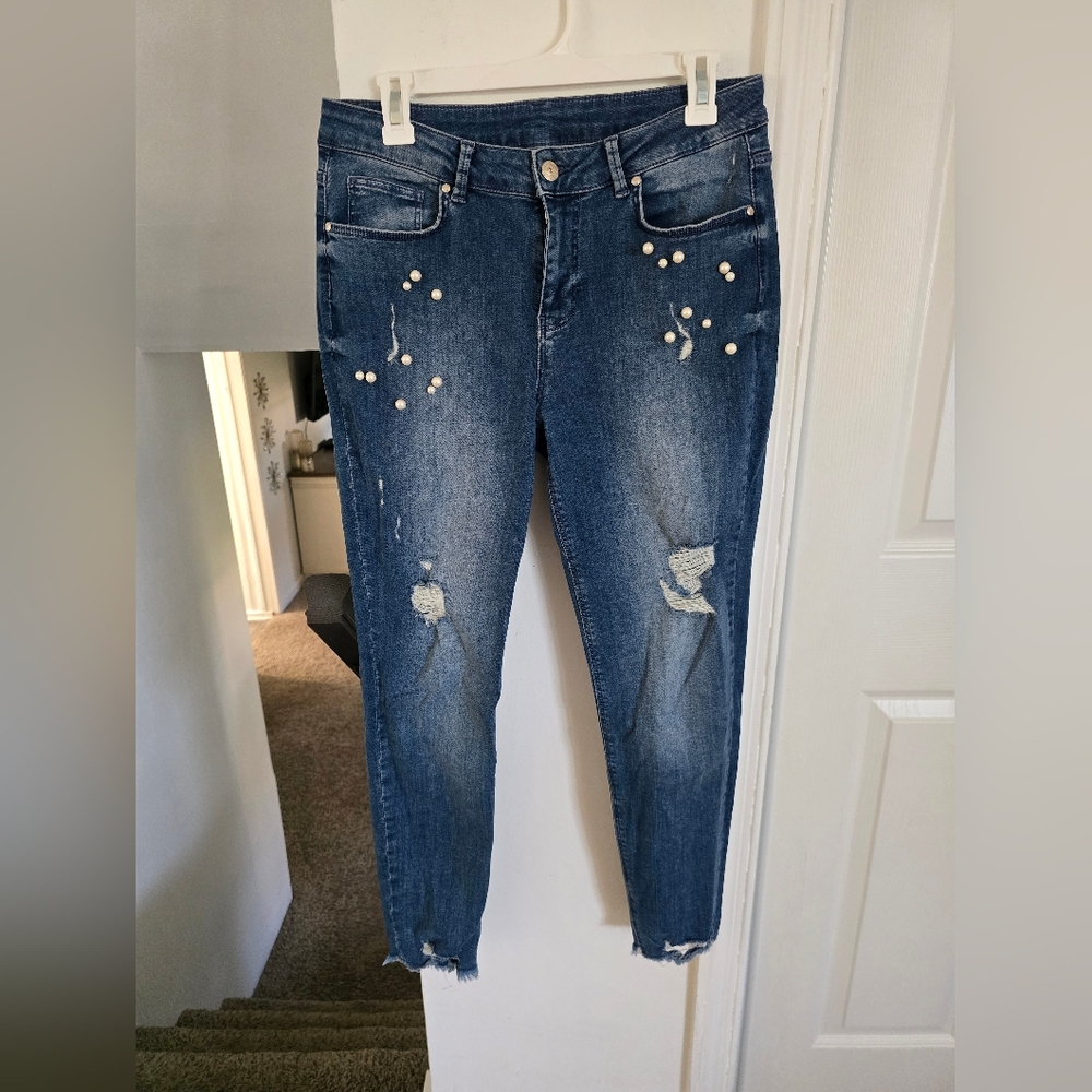 Women's Blue Distressed Jeans with Pearl Accents